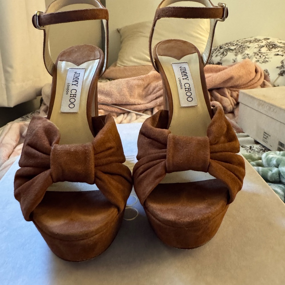 Jimmy Choo Tan Suede Platform Heels